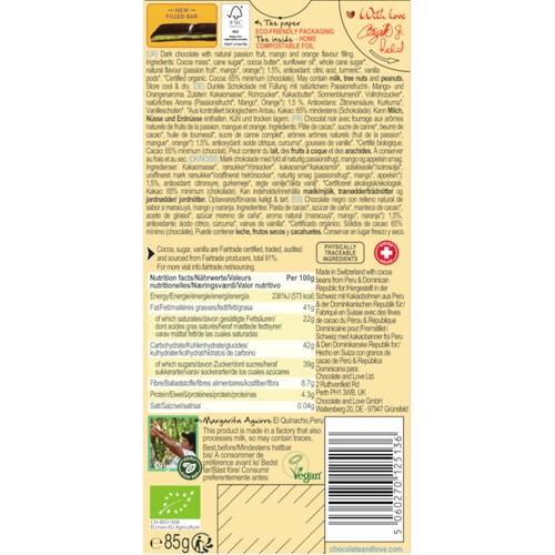 Chocolate and Love Organic Passion Fruit 65% Filled Dark Chocolate