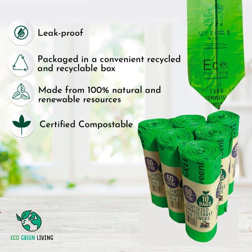 Eco Green Living Certified Compostable 60L Large Bin Bags