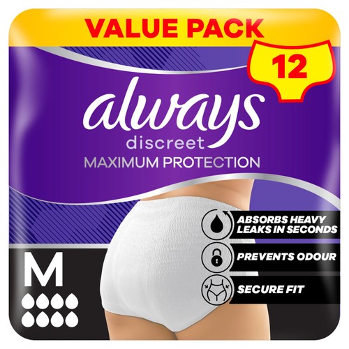Always Discreet Maximum Protection Pants Medium Value Pack 12 Count