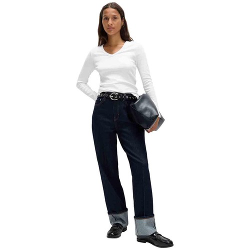 M&S Womens Cotton Rich Ribbed Plain V-Neck Slim Fit Top, 10, White