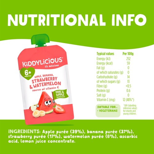 Kiddylicious Strawberry & Watermelon Baby Food Pouch 6+ Months