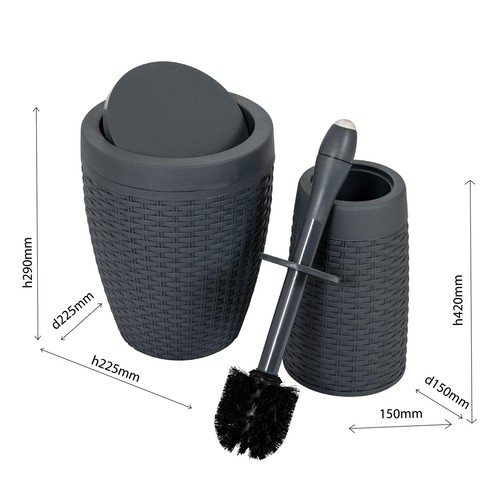 Addis Faux Rattan Swing Lid Bathroom Bin, Charcoal Grey