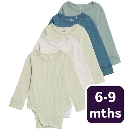 M&S Boys Cotton-Rich Rib Long Sleeve Bodysuits 6-9 Months Green Mix