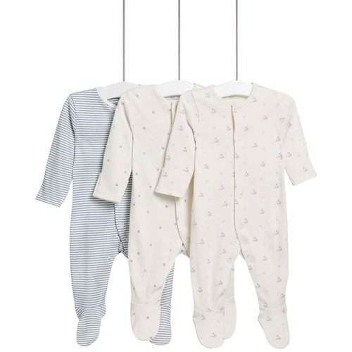 M&S Dog Popper Footed Sleepsuit, 3 Pack, 6-9 Months, Blue