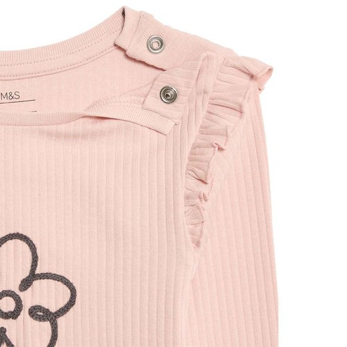 M&S Flower Top & Bottom Outfit, 0-3 Months, Cream