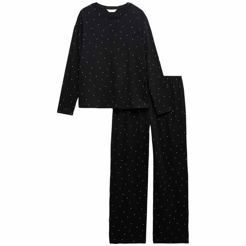 M&S Womens Pure Cotton Printed Pyjama Set, Small, Black Mix