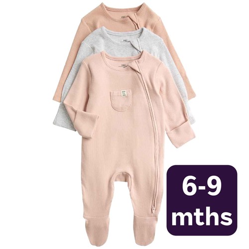M&S Unisex Cotton Rich Ribbed Sleepsuits, 6-9 M, Blush