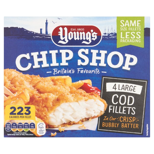 Young’s Chip Shop 4 Large Battered Cod Fillets Frozen, 440g