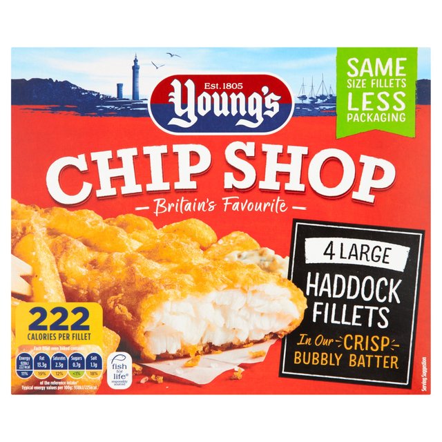 Young’s Chip Shop 4 Large Battered Haddock Fillets Frozen, 440g