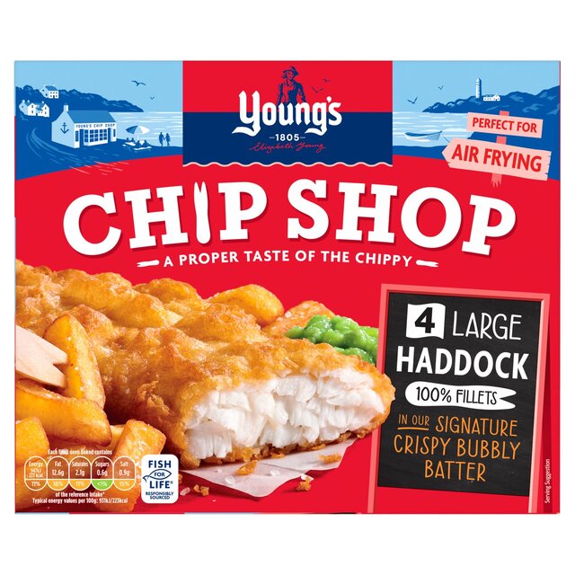 Young’s Chip Shop 4 Large Battered Haddock Fillets Frozen, 440g