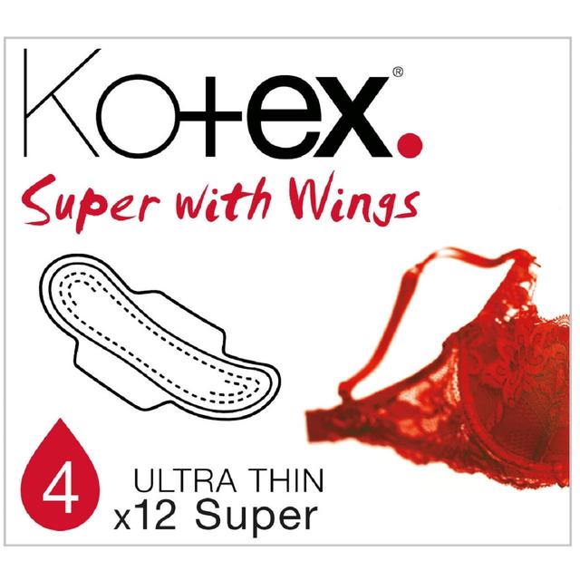Kotex Ultra Thin Pads Super With Wings, 12 Per Pack