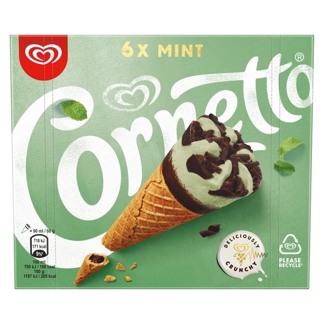 Cornetto Mint Ice Cream Cones, 6 x 90ml