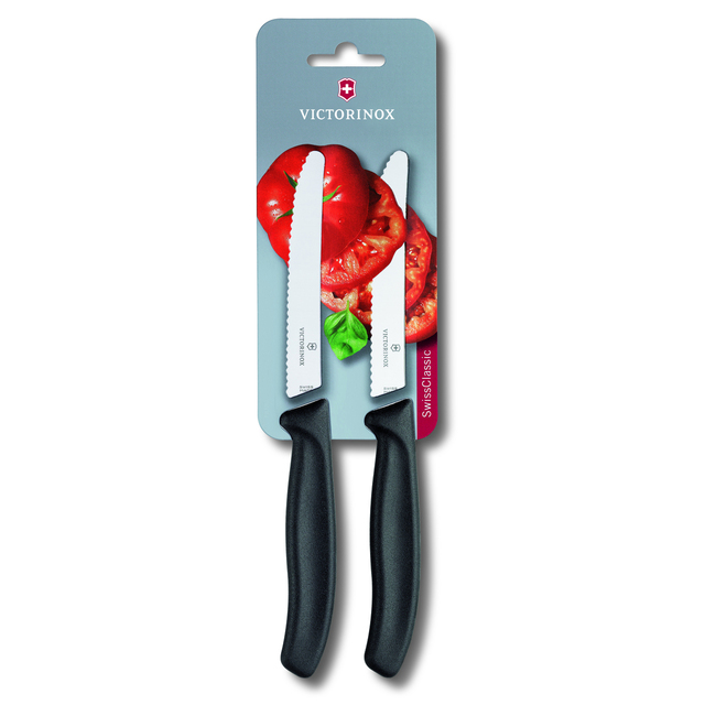 Victorinox 11cm Black Serrated Edge Paring Knife & Tomato Utility Knife With A Non Slip Fibrox Handle