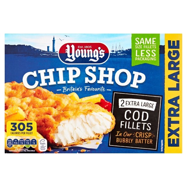 Young’s Chip Shop 2 Extra Large Battered Cod Fillets Frozen, 300g