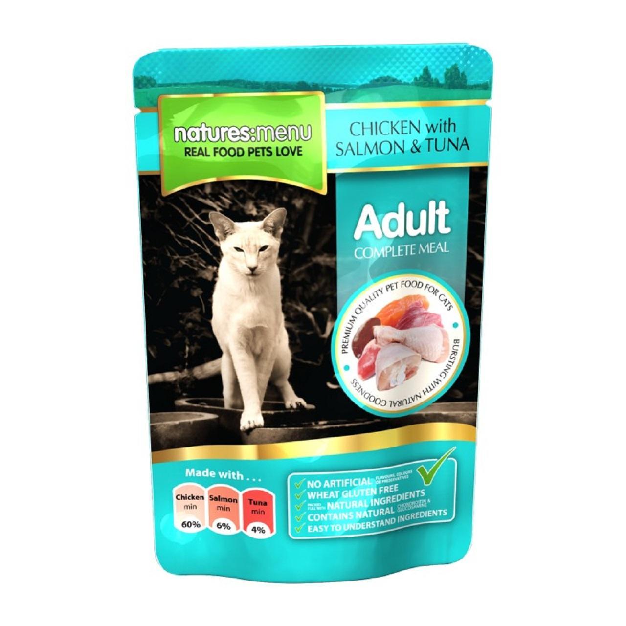 An image of Natures Menu Chicken Salmon & Tuna Cat Pouches