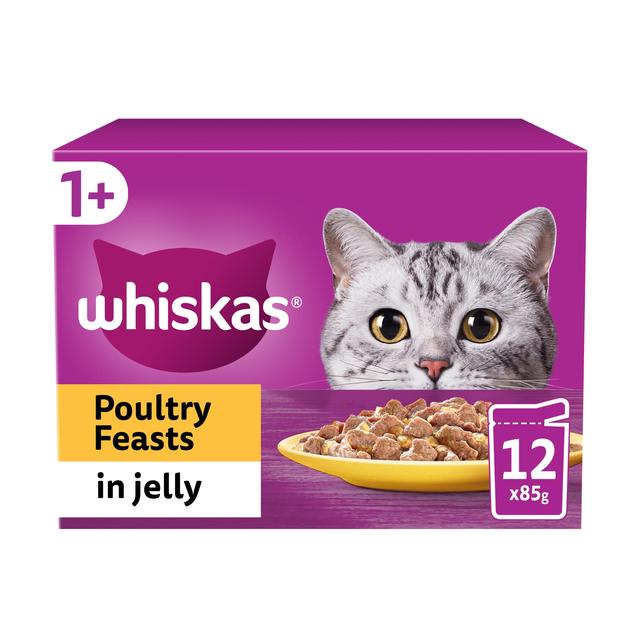 Whiskas 1+ Adult Wet Cat Food Pouches Poultry Feasts, 12 x 85g