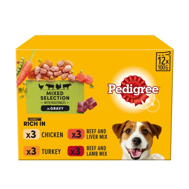 Pedigree Adult Wet Dog Food Pouches Mixed Selection in Gravy, 12 x 100g
