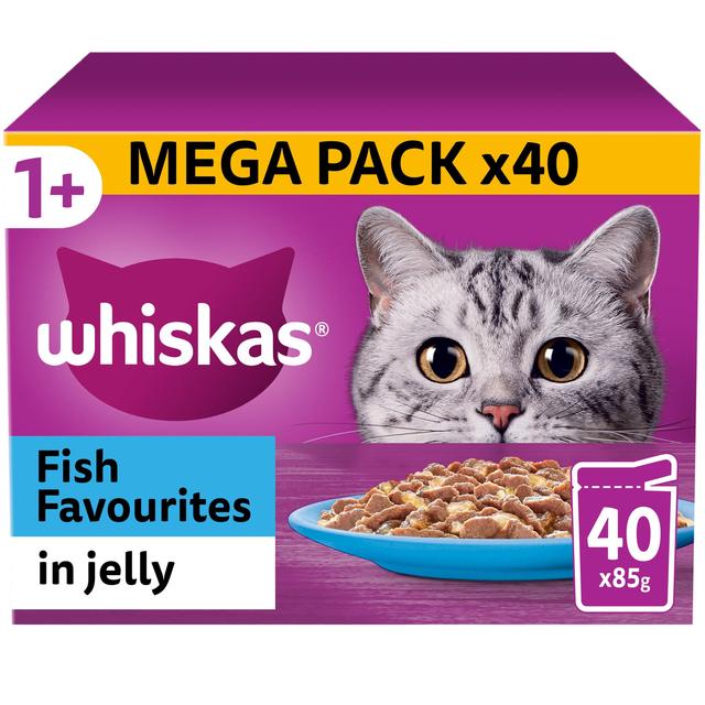 Whiskas 1+ Adult Wet Cat Food Pouches Fish Favourites in Jelly, 40 x 85g