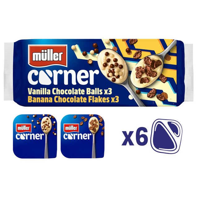 Muller Corner Vanilla Chocolate Balls and Banana Chocolate Flakes Yogurts, 6 x 124g