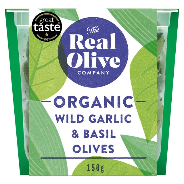 The Real Olive Company Organic Wild Garlic & Basil Pitted Olives, 150g