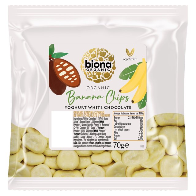 Biona Organic Banana Chips Yoghurt White Chocolate, 70g
