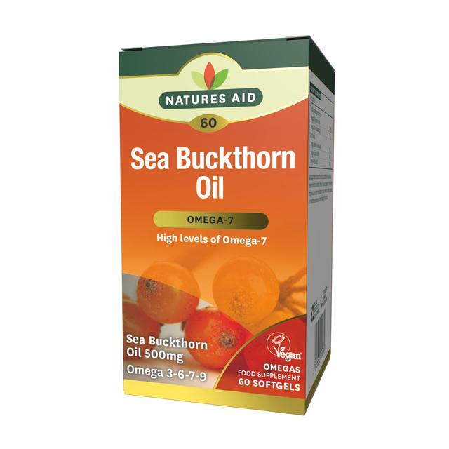 Natures Aid Sea Buckthorn Oil Omega-7 Soft Gel Supplement Capsules 500mg, 60 per Pack