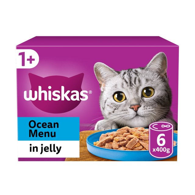 Whiskas 1+ Adult Wet Cat Food Tins Ocean Menu in Jelly, 6 x 400g