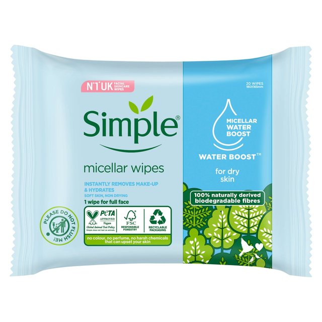 Simple Kind to Skin Micellar Biodegradable Cleansing Wipes, 20 Per Pack