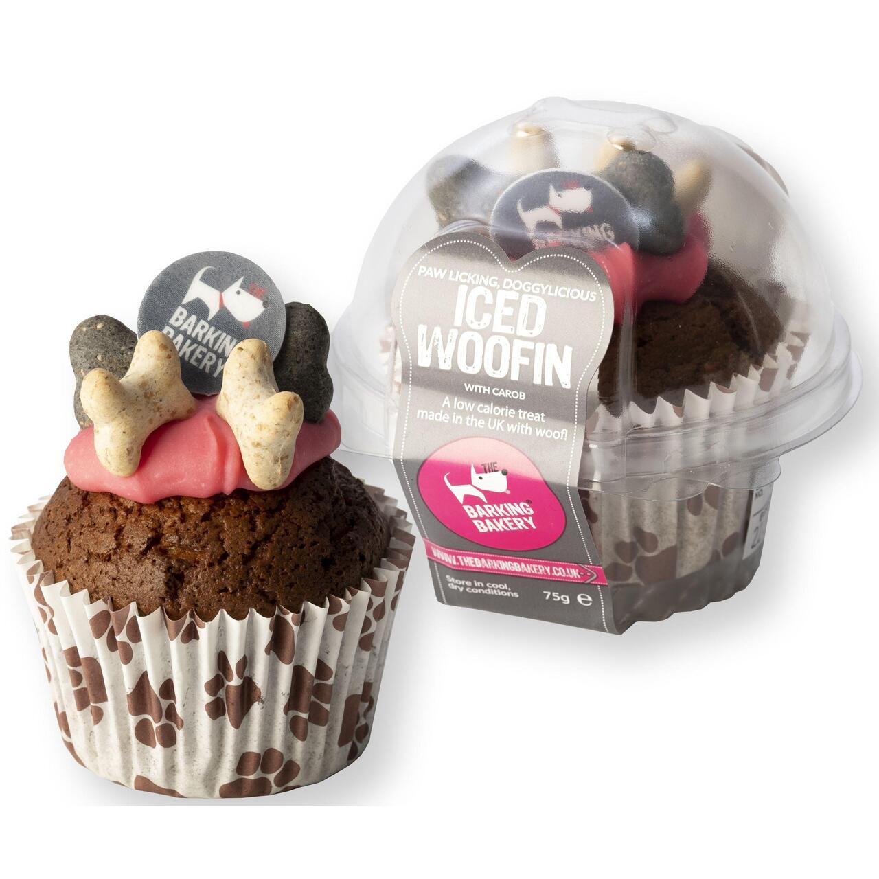 An image of The Barking Bakery Carob Woofin with Pink Yoghurt Icing