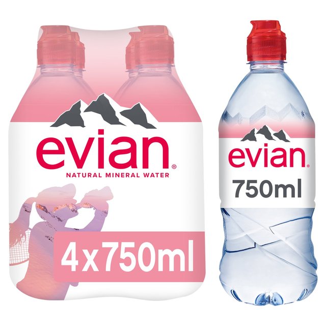 Evian Still Mineral Water Sports Cap, 4 x 750ml