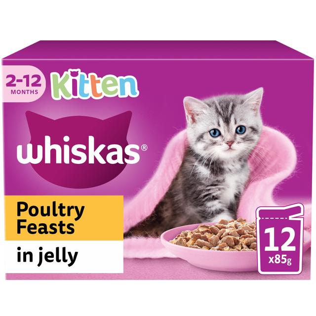 Whiskas 2-12mnths Kitten Wet Cat Pouches Poultry Feasts in Jelly, 12 x 85g