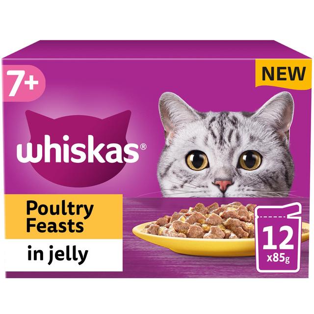 Whiskas 7+ Adult Wet Cat Food Pouches Poultry Feasts in Jelly, 12 x 85g