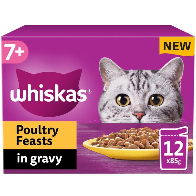 Whiskas 7+ Adult Wet Cat Food Pouches Poultry Feasts in Gravy, 12 x 85g