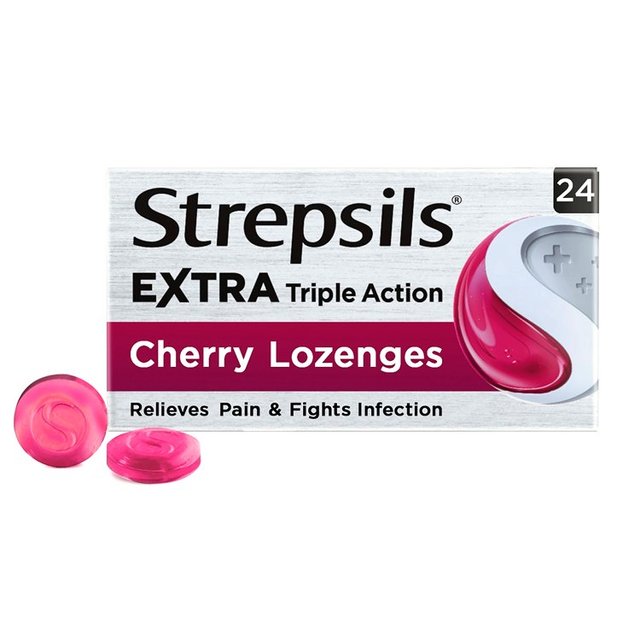 Strepsils Extra Cherry Throat & Pain Relief Lozenges, 24 Per Pack