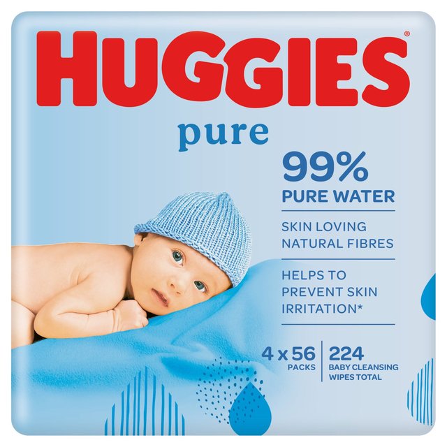 Huggies Pure 99% Water Baby Wipes, Multipack, 4 x 56 per Pack