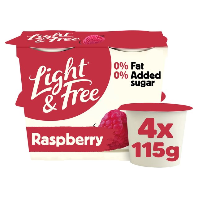 Light & Free Raspberry Greek Style 0% Added Sugar, Fat Free Yoghurt, 4 x 115g
