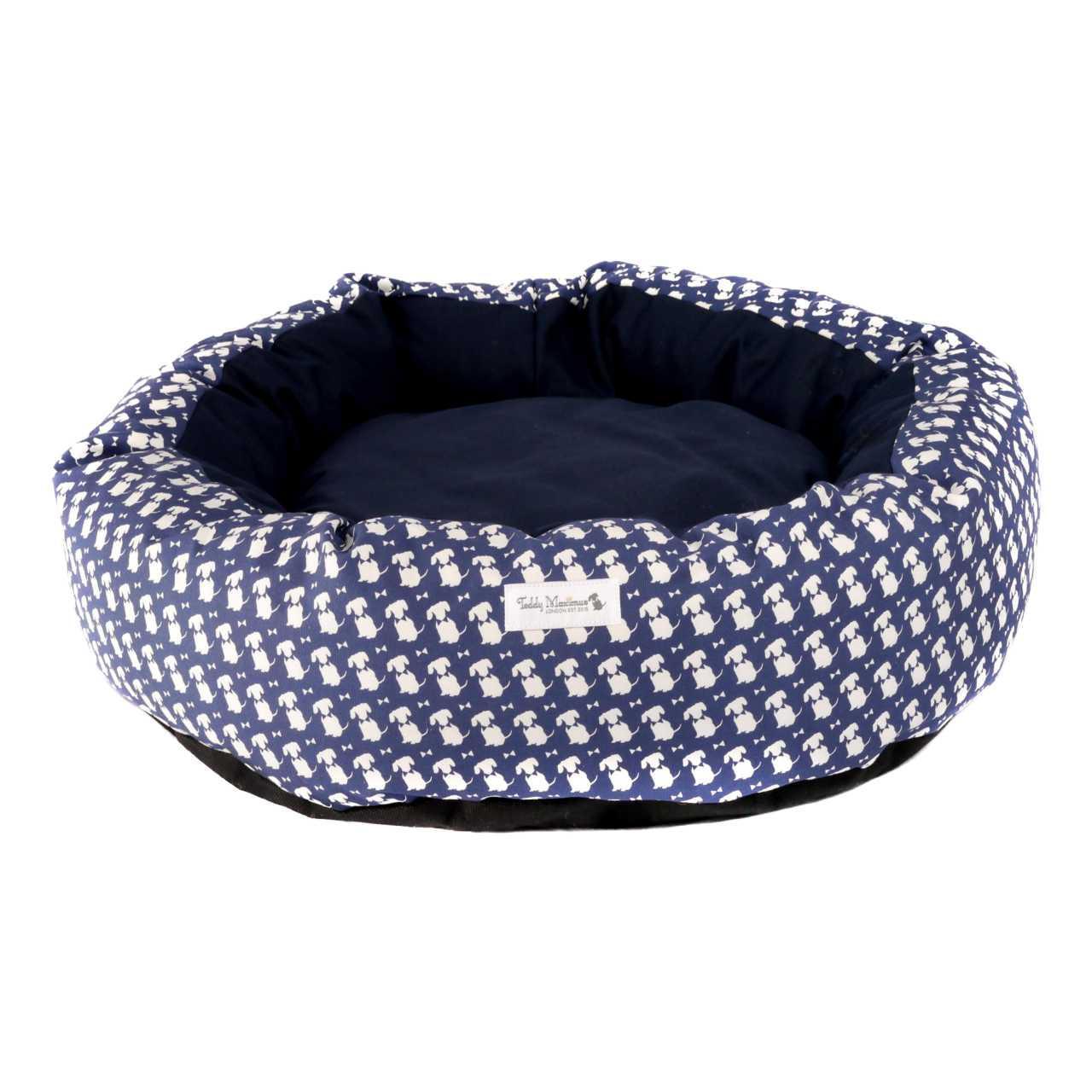 An image of Teddy Maximus Luxury Cocoon Bed Navy Signature Print