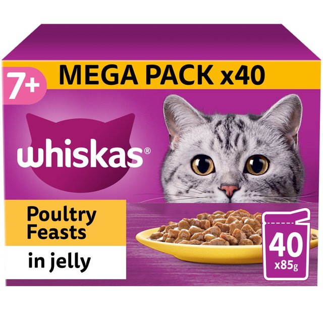 Whiskas 7+ Senior Wet Cat Food Poultry Feasts in Jelly, 40 x 85g