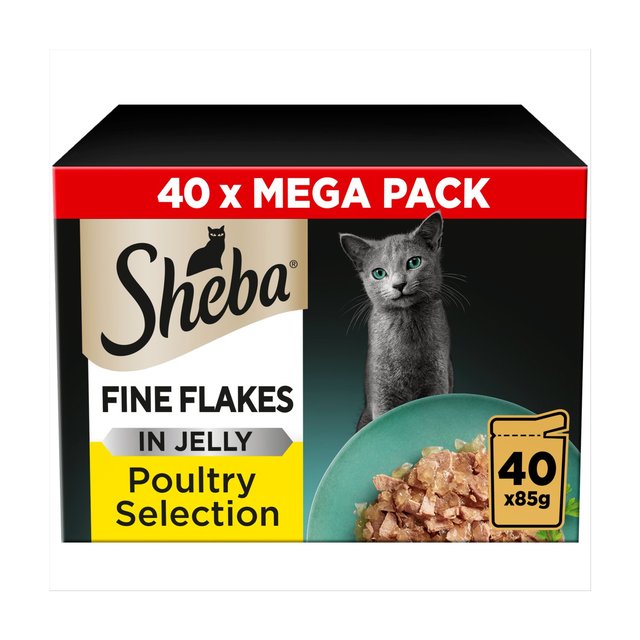 Sheba Fine Flakes Cat Food Pouches Poultry in Jelly Mega Pack, 40 x 85g