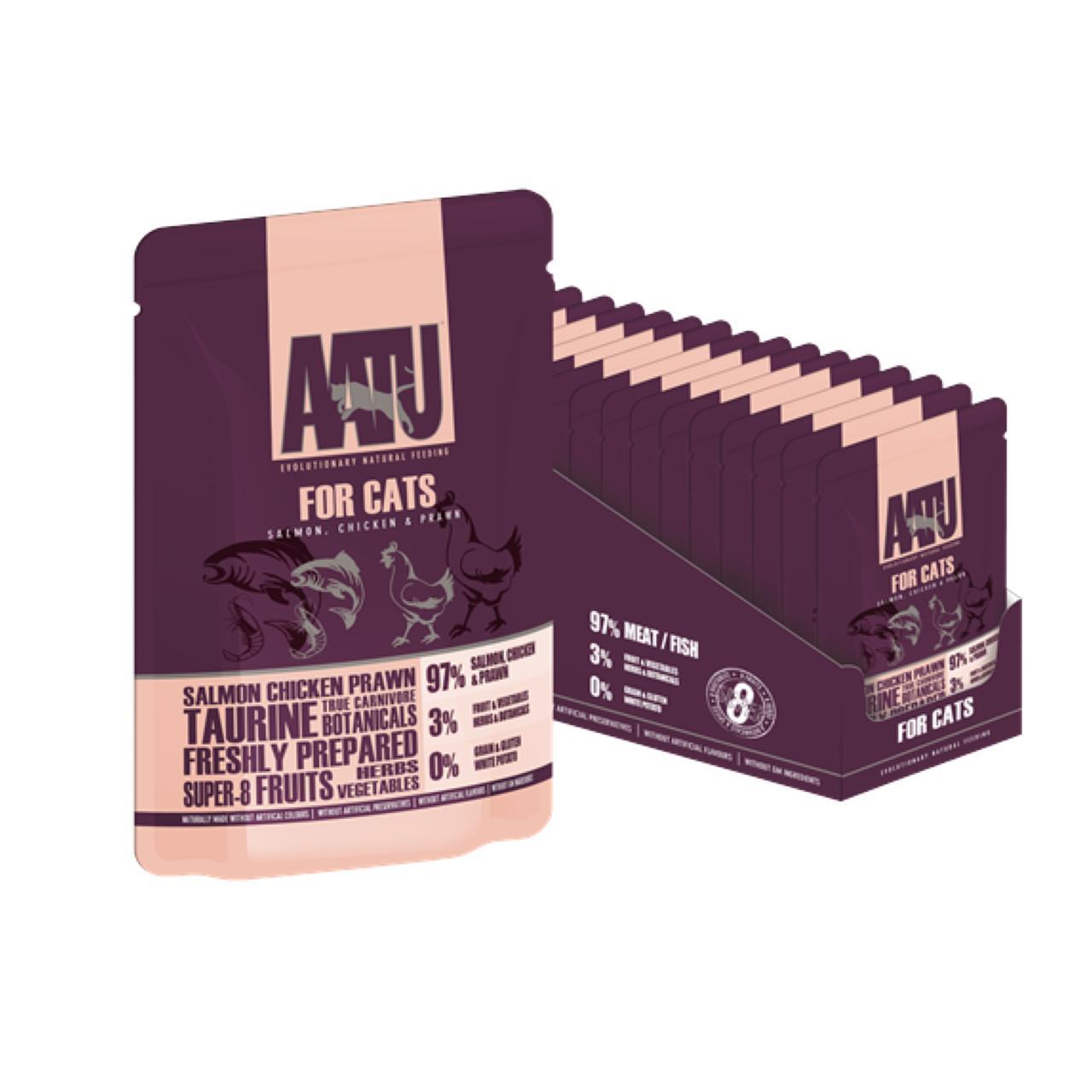 An image of AATU For Cats Salmon, Chicken & Prawn Pouches
