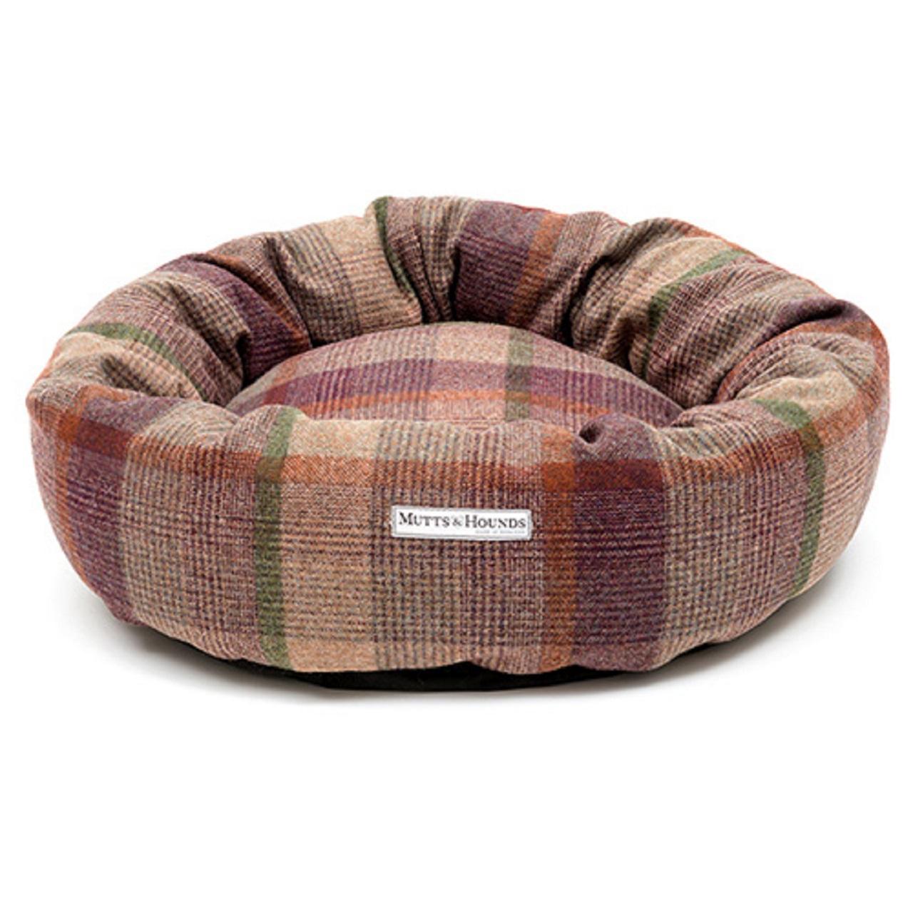 An image of Mutts & Hounds Grape Check Tweed Donut Bed Small