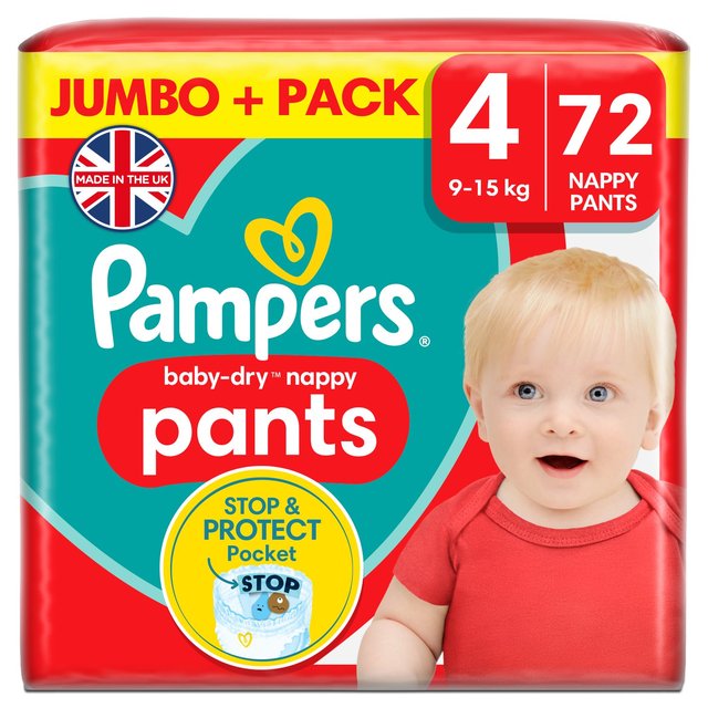 Pampers Baby-Dry Nappy Pants, Size 4, 9-15kg, Jumbo+ Pack