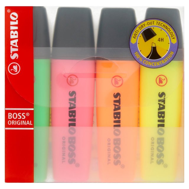 Stabilo Boss Original Highlighter Wallet of 4 Assorted Colours, 4 Per Pack
