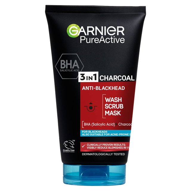 Garnier Pure Active 3in1 Charcoal Blackhead Face Mask Scrub & Wash, 150ml