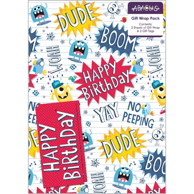Abacus Birthday Monsters Gift Wrap Sheets & Tags, Plastic Free, 2 Per Pack