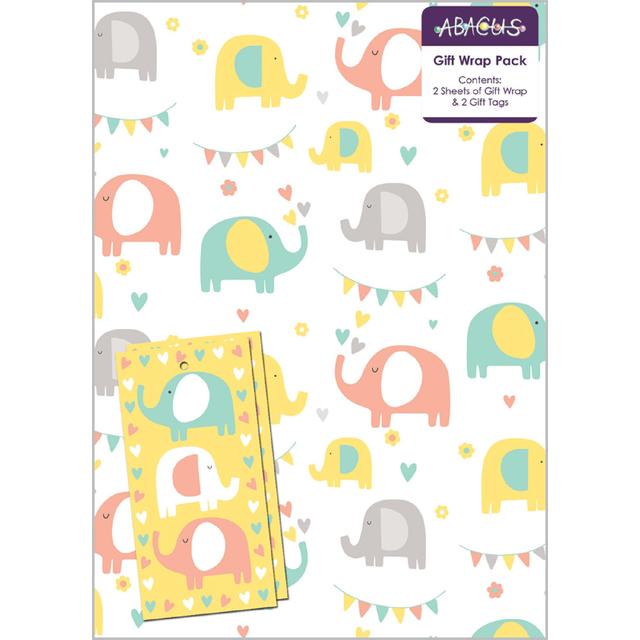 Abacus Elephant Fun Gift Wrap Sheets & Tags, Plastic Free, 2 Per Pack