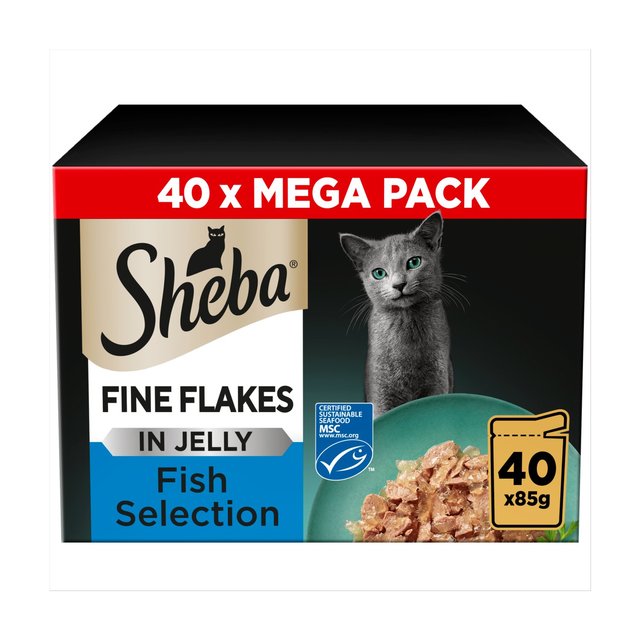 Sheba Fine Flakes Cat Food Pouches MSC Fish in Jelly Mega Pack, 40 x 85g
