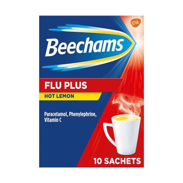 Beechams Flu Plus Cold & Flu Hot Lemon Sachets, 10 per Pack