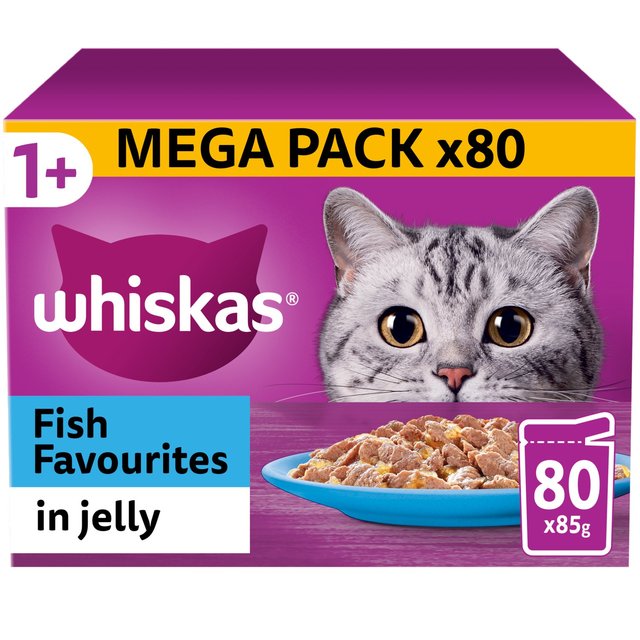 Whiskas 1+ Adult Wet Cat Food Pouches Fish Favourites in Jelly, 80 x 85g