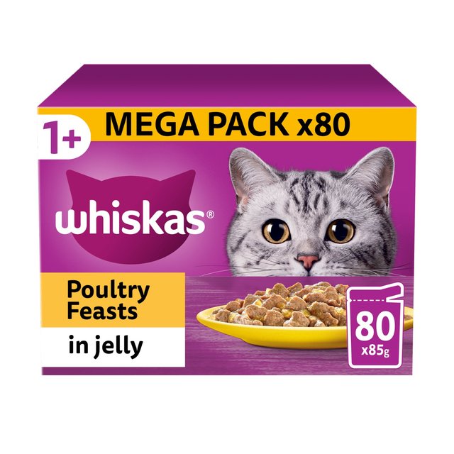 Whiskas 1+ Adult Wet Cat Food Poultry Feasts in Jelly, 80 x 85g